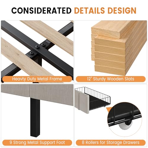 Garvee King Size Bed Frame, Upholstered Platform Bed Frame with Storage Drawers, Mattress Foundation with Solid Wooden Slats Support, No Box Spring Needed, Beige Garvee