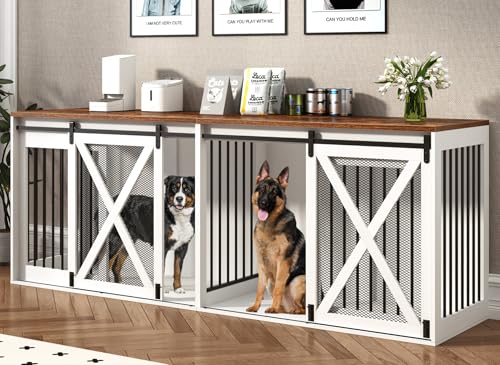 Nordee Axio 94.5" XXXL Dog Crate Furniture for 2 Large Dogs, Heavy Duty Double Dog Cage Extra Large Breed, 35.4" Tall Thick Wooden Dog Kennel TV Stand with Divider, White Nordee Axio
