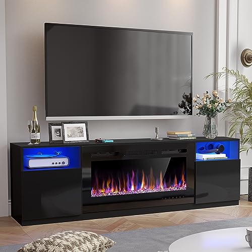 AHB Fireplace TV Stand, LED Light Entertainment Center with 36 Electric Fireplace and Storage Cabinet, Media Console Table for TVs Up to 80 Inches, Ideal for Living Room, 70 Inches (Black) AHB