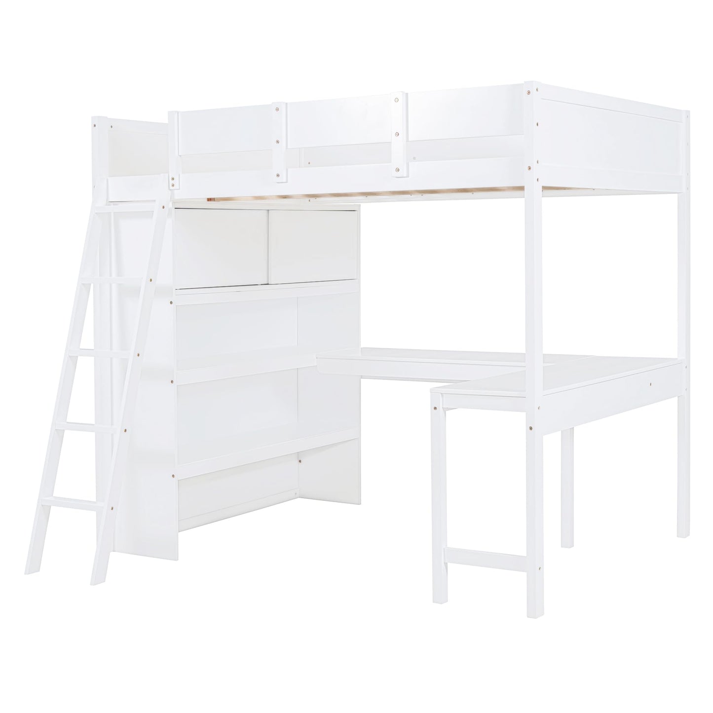 Merax White Full Loft Bed with Integrated Desk and Bookshelf – Space-Saving Solid Pine Design - WoodArtSupply