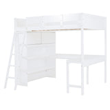 Merax White Full Loft Bed with Integrated Desk and Bookshelf – Space-Saving Solid Pine Design Merax