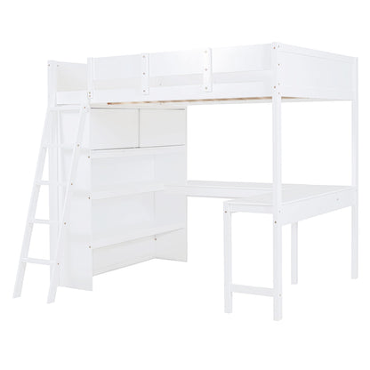 Merax White Full Loft Bed with Integrated Desk and Bookshelf – Space-Saving Solid Pine Design - WoodArtSupply