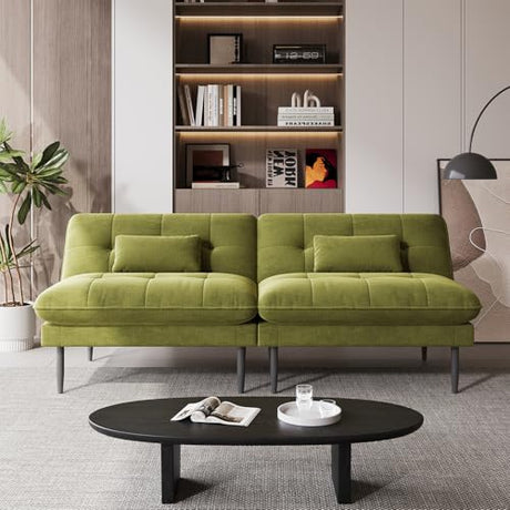 NEDYO 70 inch Convertible Futon Sofa Bed, Velvet Sleeper Sofa with Adjustable Backrest, Thick Fill and Convertible Modules, 4 in 1 Loveseat Couch for Living Room, Olive Green NEDYO