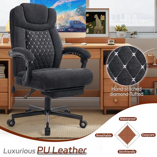 600LBS Big and Tall Office Chair for Heavy People,Large Reclining Executive Office Chairs with Foot Rest&Air-Adjust Lumbar Support,Fabric Ergonomic High Back Computer Chair, Black BIGGARSIT