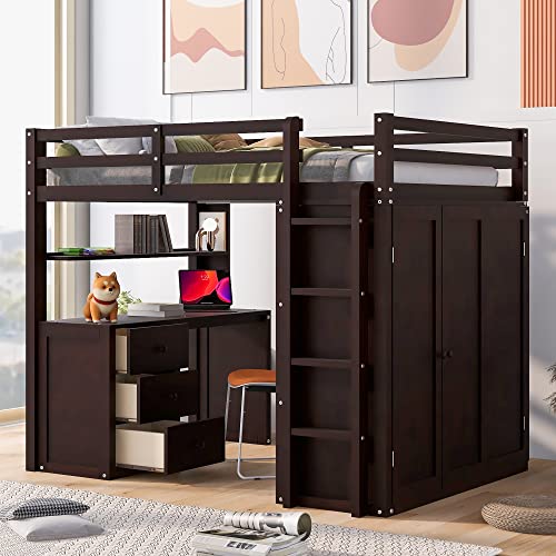 BOVZA Full Wooden Loft Bed Frame with Desk, Wardrobe, and Storage in Espresso - WoodArtSupply