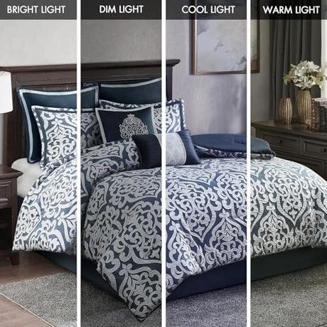 Madison Park Odette Cozy Comforter Set Jacquard Damask Medallion Design - Modern All Season, Down Alternative Bedding, Shams, Decorative Pillows, King(104 in x 92 in), Navy 8 Piece Madison Park