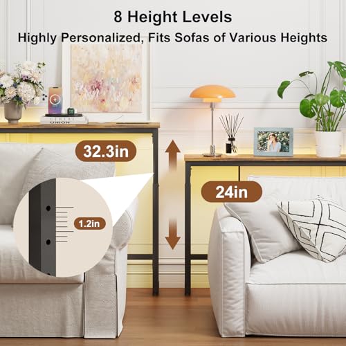 YGEOMER 79in Behind The Couch Table Skinny Adjustable Height Sofa Table with Outlet Narrow Console Table with LED Lights, Rustic Brown YGEOMER