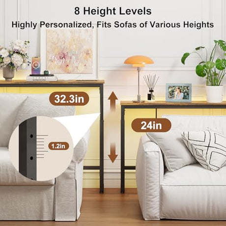 YGEOMER 79in Behind The Couch Table Skinny Adjustable Height Sofa Table with Outlet Narrow Console Table with LED Lights, Rustic Brown YGEOMER