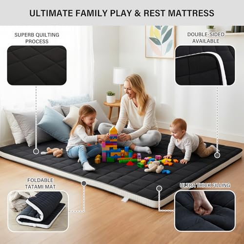 Tiita Japanese Floor Mattress, 4” Thicken Futon Mattress with Storage Bag and 2 Straps，Queen Size Sleeping Tatami Mat for Adults，Black Tiita