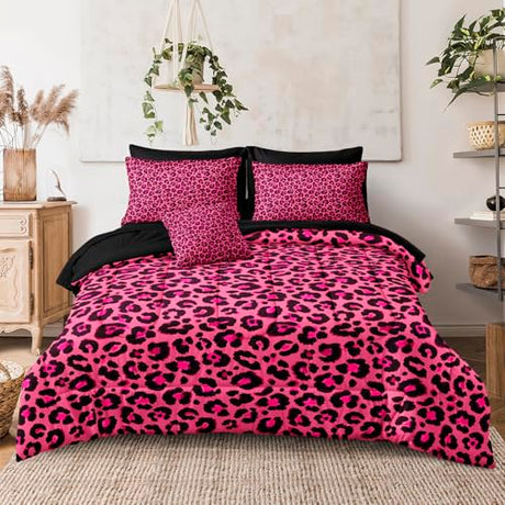 Leopard Print Comforter King Black and Pink Bedding Sets 8 Pcs Hot Pink Cheetah Animal Print Texture Wild Leopard Bed in A Bag with Comforter and Sheet Set Chumerry