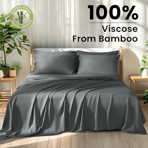 Shilucheng 100% Viscose Derived from Bamboo_Sheets, Extra Deep Pocket Sheets Fits 18"-24" Thick Mattress, Cooling & Breathable Bed Sheets 4Pcs, Hotel Silky Bedding Set (Queen,Dark Grey) Shilucheng