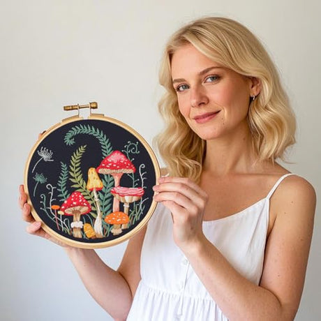 Myfelicity Embroidery Kit with Mushroom Patterns, 3 Hoops, Fabric, Threads, Needles, Instructions (red) Myfelicity