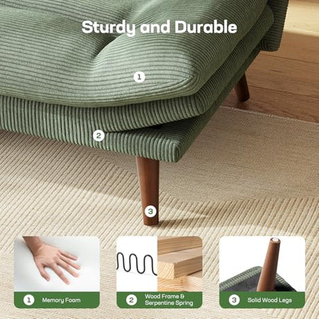 Marsail 74.8" Futon Sofa Bed, Corduroy Convertible Futon Couch with Adjustable Backrest & Armrests, Small Sleeper Sofa Loveseat for Small Apartments, Study Room, Office, Green Marsail