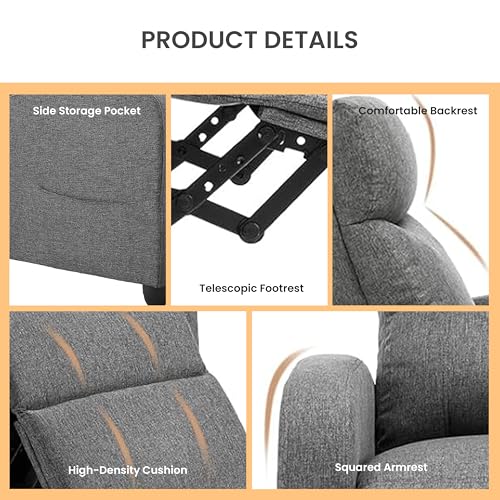 HealSmart Adjustable Push Back Recliner Chair, Soft Fabric Lounge Sofa for Reading & Relaxing, Perfect Home Theater Chair for Living Room & Bedroom, Grey