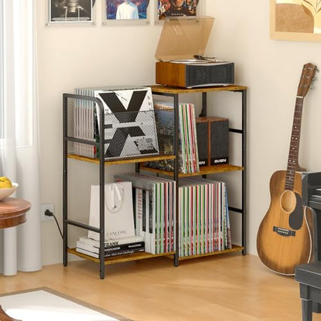 ThreeHio Record Player Stand with Power Outlets, Turntable Stand with Vinyl Storage Holds up to 300+ Albums, Storage Cabinet for Vinyl Records, Record Player Table with LED Light for Living Room ThreeHio