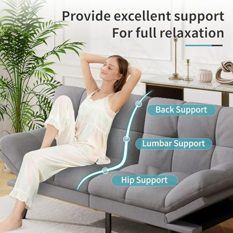 MUUEGM 71" Futon Sofa Bed, Comfortable Memory Foam Futons Sofa with Adjustable Backrest & Armrests, Convertible Loveseat Futon Bed for Compact Living Room, Apartment, Office, Grey MUUEGM