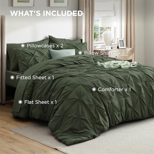 Bedsure Queen Comforter Set Olive Green - Bed in a Bag Queen Size Bedding 7 Pieces, GentleSoft™ Pintuck Bed Set Gift for Family, Pinch Pleat All Season Comforter with Sheets, Pillowcases & Shams Bedsure