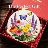 Zhenqing Flower Garden Embroidery Kit for Beginners, Pre-Printed 29x29cm Circular Cotton Fabric with 20cm Hoop, Vibrant Design with Butterflies and Lavender(JC0050