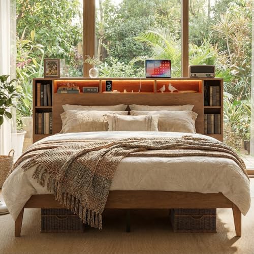 LIKIMIO Queen Bed Frame, Storage Headboard with Charging Station & LED Lights, 7 Open Shelves, 2 Side Cabinets, Storage Platform Bed, Easy Assembly, No Box Spring Needed, Natural Color LIKIMIO