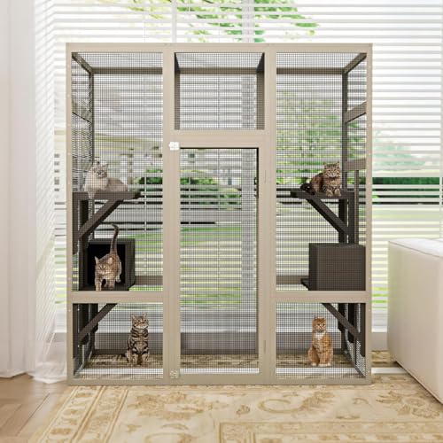 70" Large Outdoor Catio Cat Enclosure, Wood Cat Patio with Waterproof UV-Resistant Roof, Cats Shelter with 5 Platforms and 2 Resting Box, and Secure Rust-Proof Wire for Backyard or Patio IDEALHOUSE