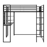 JINS&VICO Twin Size Loft Bed with Desk and Shelves, Metal Loft Bed Frame with 2 Built-in Ladders, Guardrail, Loft Bed for Juniors, Adults, Noise-Free & No Box Spring Needed, Black JINS&VICO