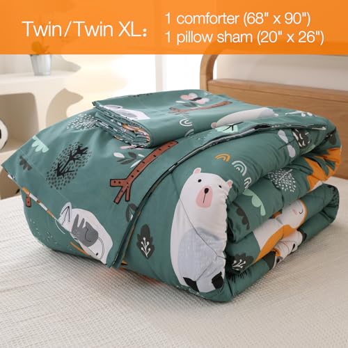 JSD Green Forest Animals Kids Comforter Set Twin Size, 2 Piece Woodland Printed Microfiber Bedding Set, Machine Washable JSD