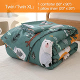 JSD Green Forest Animals Kids Comforter Set Twin Size, 2 Piece Woodland Printed Microfiber Bedding Set, Machine Washable JSD