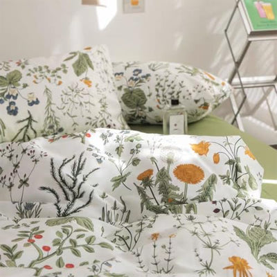 Floral Duvet Cover Queen Size Green Floral Botanical Bedding Set with Yellow Flower Kids Boys Girls Vintage Garden Style Fall Reversible Soft Breathable Microfiber Duvet Cover Set, 3 Pieces