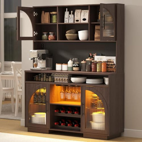 71" Pantry Cabinet, 54" Wide Kitchen Cabinet with Charging Station, Kitchen Hutch Storage with Pegboard and LED Light, Large Pantry Cabinets with Adjustable Shelves & Wine Rack for Dining Room, Brown SOLACE FURNITURE
