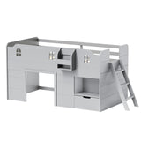 JOYMOR Loft Bed Twin Size with Led Light, Low Loft Bed with Storage Drawer, Modern Farmhouse Loft Bed with Castle Guardrail and Window, Book Rack, Smart APP Control, No Box Spring Needed (Gray) JOYMOR