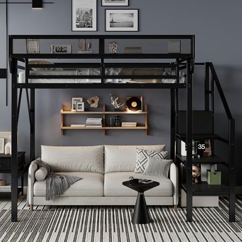 Duxelifin Twin Size Loft Bed with Staircase, Metal Loft Beds with Storage Shelves & Wardrobe, High Lofted Bed Frame, Loft Twin Bed for Boys Girls and Teens, No Box Spring Needed (Black) Duxelifin