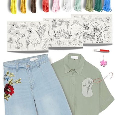 Easy Clothing Embroidery Kit - 34 Water Soluble Stick & Stitch Designs - Embroidery Kit for Clothes Starter Pack, Beginners All Inclusive Kit for Clothing Embroidery WoodArtSupply