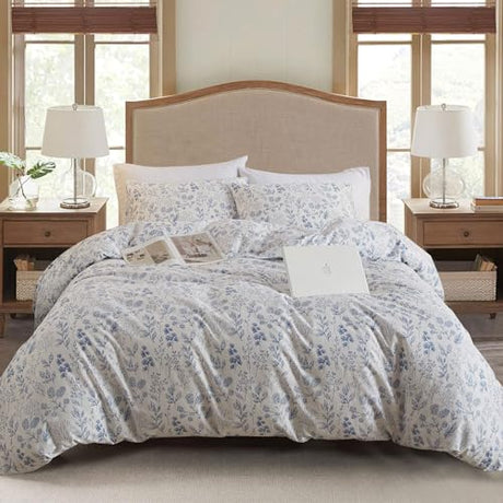 EAVD Vintage Style Garden Blue Floral Cotton Duvet Cover King White Boho Floral Bedding Set Chic Fresh Cottagecore Bedding Aesthetic Botanical Comforter Cover with 2 Pillowcases EAVD