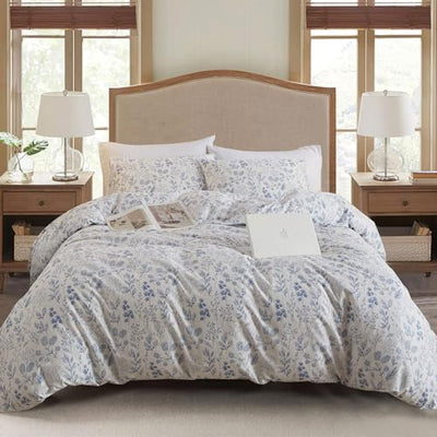 EAVD Vintage Style Garden Blue Floral Cotton Duvet Cover King White Boho Floral Bedding Set Chic Fresh Cottagecore Bedding Aesthetic Botanical Comforter Cover with 2 Pillowcases