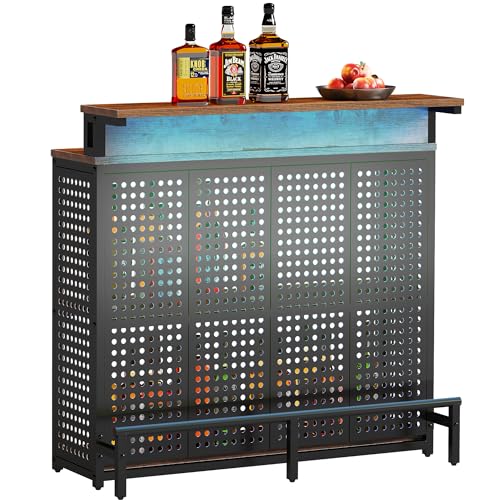 YITAHOME Rustic Brown Mini Home Bar Unit with Music-Sensing LED Lights and Storage Shelves - WoodArtSupply