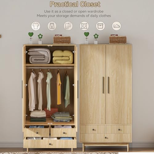 Mxtxmy Armoire Wardrobe Closet with 2 Fluted Doors,64.96" Wooden Clothes Storage Cabinet with Hanging Rod and Shelf Storage,Wardrobe Cabinet with 3 Drawers,Freestanding Closet for Bedroom,Nat - WoodArtSupply