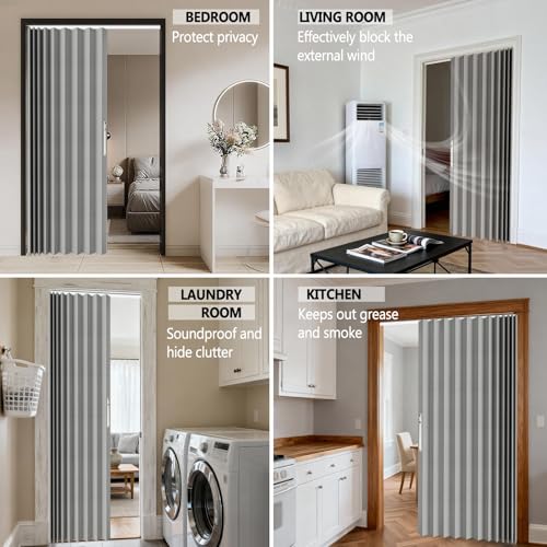 Jilron Accordian Door Curtain,Install Adhesive Track 100% Blackout Doorway Curtains,Suitable for Bedroom,Closet,Interior Room Divider,Gray 43" W×78" L,1 Piece Jilron
