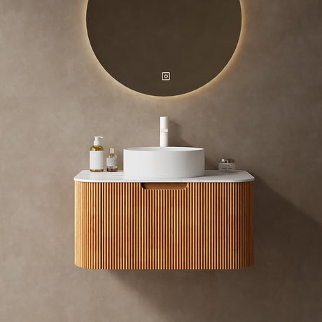 30'' Bathroom Vanities Cabinet with Sink Combo, Wall Mounted Floating Cabinet W/Curved Edges Stripes, Oak Plywood, Soft-close System with a Drawer, White Round Ceramic Basin - Kiel, Natural Wood RAINLUX