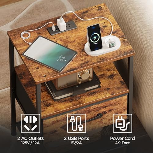TRIFEBLE Night Stand Set 2, End Table with Charging Station, LED Bedside Table with Fabric Drawer for Bedroom, 3-Tier Side Table with Open Shelf, Rustic Brown TRIFEBLE