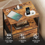 TRIFEBLE Night Stand Set 2, End Table with Charging Station, LED Bedside Table with Fabric Drawer for Bedroom, 3-Tier Side Table with Open Shelf, Rustic Brown TRIFEBLE