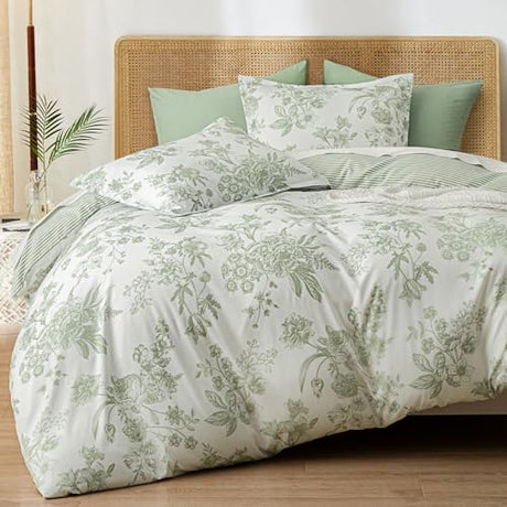 PHF Ultra Soft Floral Duvet Cover King Size, Printed Bedding Set 3 Pieces, Comfy Farmhouse Pattern Duvet Cover Set with 2 Pillow Shams, Zipper Closure and 8 Ties, 104"x90", Flower-Green PHF