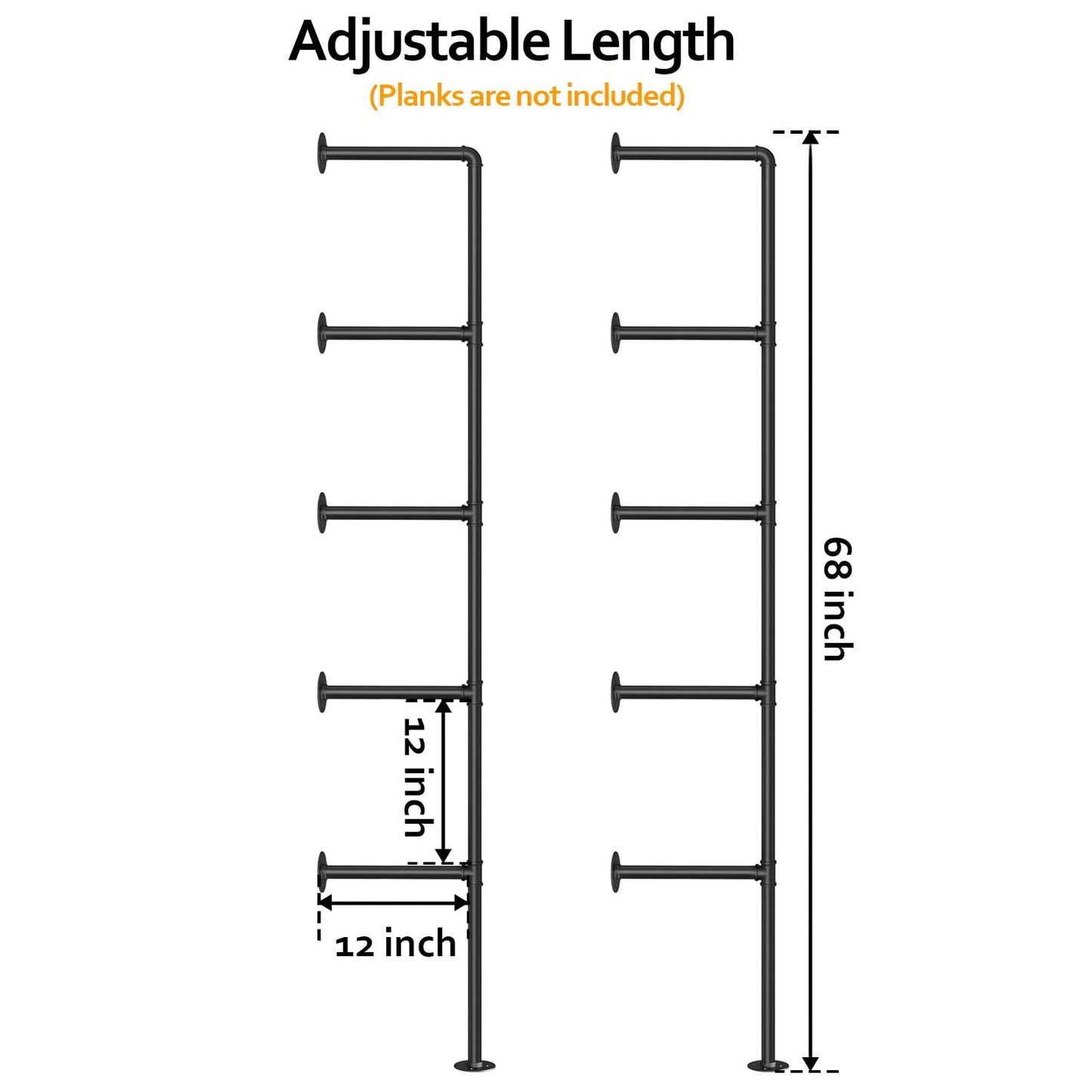 Pynsseu Industrial Iron Pipe Shelf Wall Mount, Farmhouse DIY Open Bookshelf, Pipe Shelves for Kitchen Bathroom, bookcases Living Room Storage, 2Pack of 5 Tier