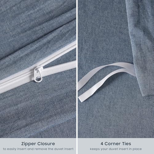 Wake In Cloud - Cotton Duvet Cover Set, Queen Size, Chambray Denim Blue, 100% Washed Cotton, Linen Like Textured, Breathable Percale Durable Comfy Farmhouse Neutral Bedding Set, 3 Pieces Wake In Cloud
