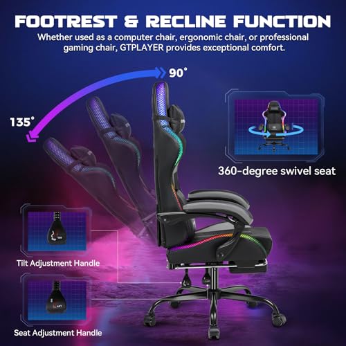 GTPLAYER RGB Gaming Chair, Computer Gamer Chair with Footrest and LED Lights, PC Gamer Chairs for Adults, High Back Reclining Office Chairs, Linkage Armrest (Gray) GTPLAYER