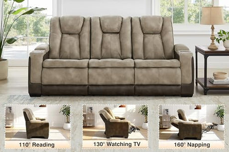 THSUPER Power Microfiber Reclining Sofa, Home Theater Seating Recliner Couch with Adjustable Headrest/Reading Light/USB Port/Storage Armrest/Drop Down Table for Living Room (Brown) THSUPER