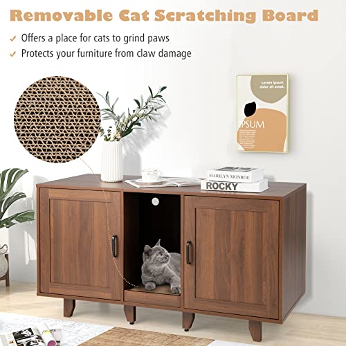 Tangkula Double Cat Litter Box Enclosure for 2 Cats, Large Stackable Hidden Privacy Cat Washroom Cabinet with Scratching Board, Indoor Cat House TV Stand Side Table, Litter Box Furniture (Brown) Tangkula
