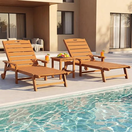 LegacyAmerhome Outdoor Lounge Chair Set of 2 with 5-Position Adjustable, Outside Lounge Chair with Cup Holder, Wheels for Easy Mobility, HDPE Tanning Chair for Poolside, Patio, Brown LegacyAmerhome