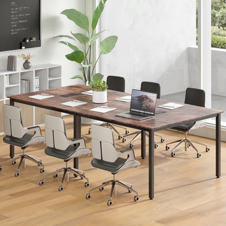 Nightcore Rectangle Conference Table for 10, 8 ft Large Seminar Table with 2 Cable Grommets, Modern Industrial Office Computer Desk with Metal Legs for Boardroom, Meeting Room, Brown Goplus