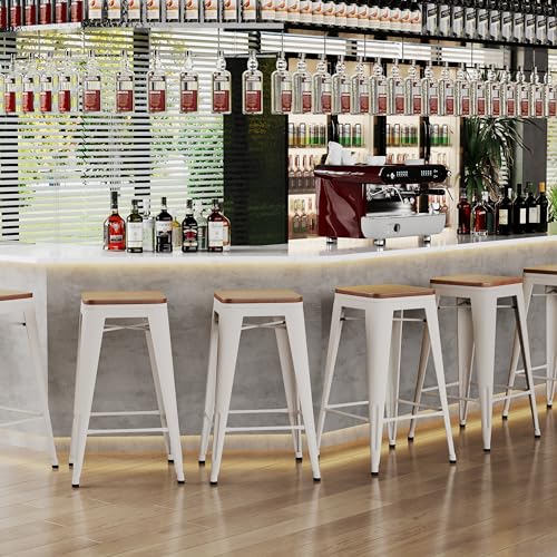 Alunaune 24" Metal Bar Stools Set of 4 Industrial Backless Counter Height Barstools Kitchen Patio Stool Stackable with Wooden Seat- White Alunaune