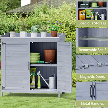 Gizoon Outdoor Potting Bench with Metal Tabletop, Outdoor Garden Patio Wooden Storage Cabinet with Adjustable Shelf, Double Doors Garden Work Bench for Backyard, Patio, Lawn - Grey Gizoon